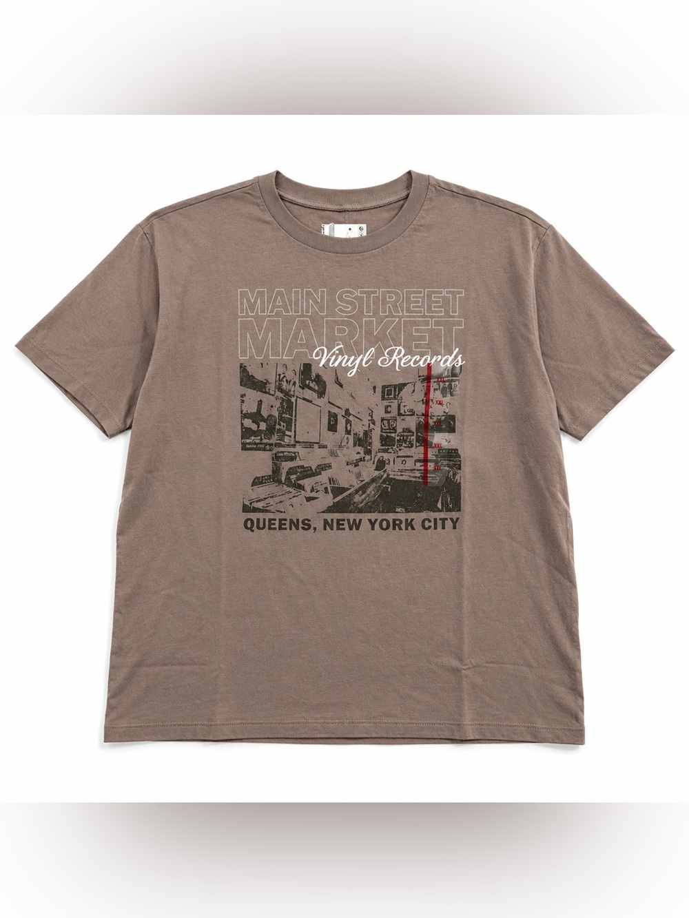 DOE Main Street Market Vinyl Records Graphic T-Shirt XXL Taupe NYC Oversized Tee